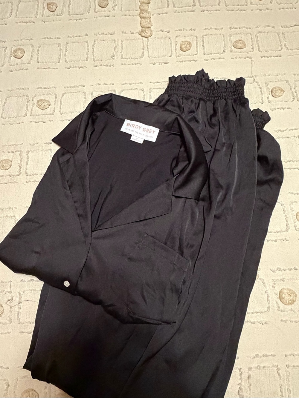 Birdy Grey Black Satin Pajama Top and Elastic Waist Pants Set